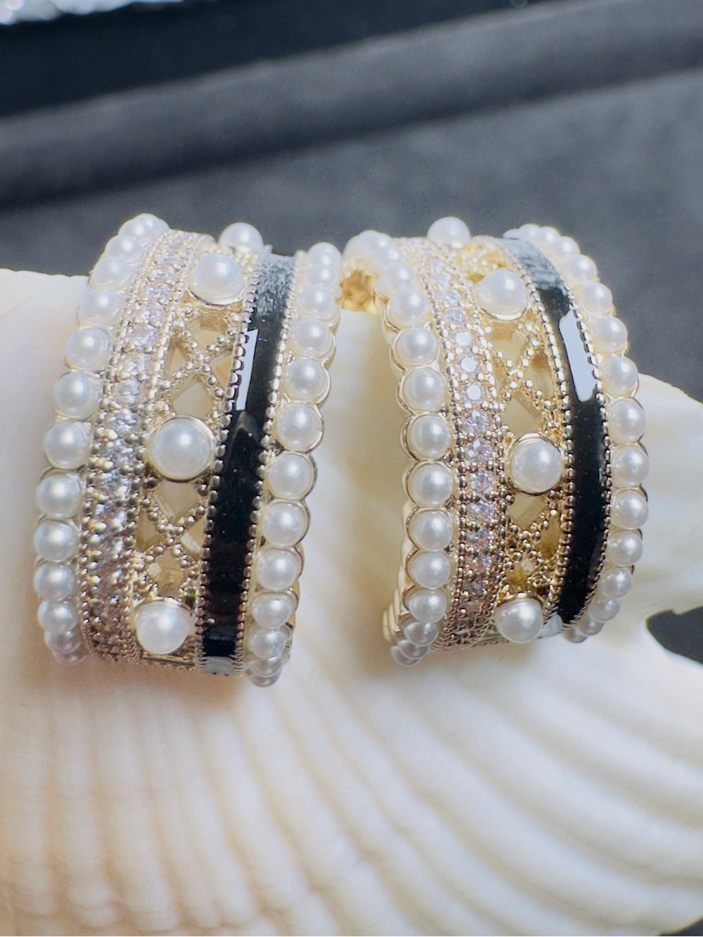Faux Pearl CZ Champagne Gold Wide Hoop Statement Earrings
